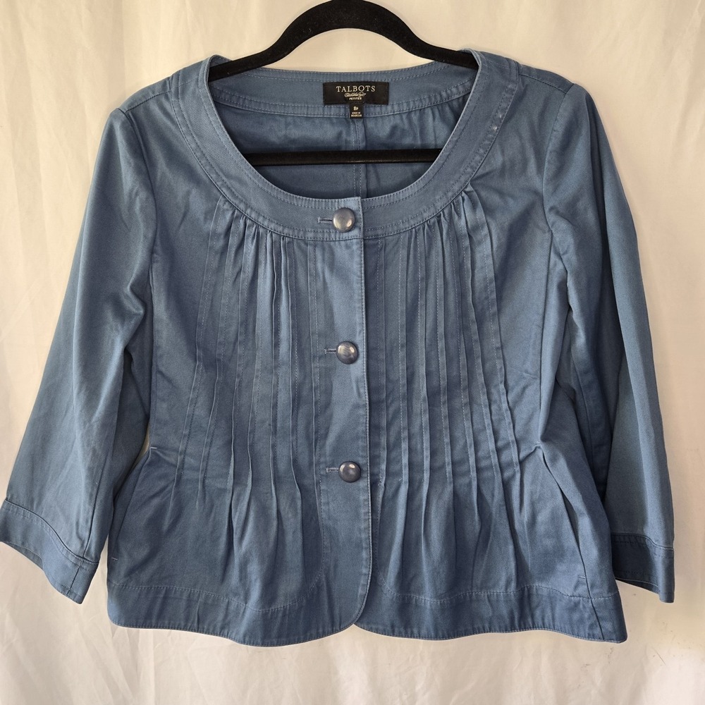 Talbots Petites Blue Button Front Pintuck 3/4 Sleeve Jacket Top Womens 8P Career